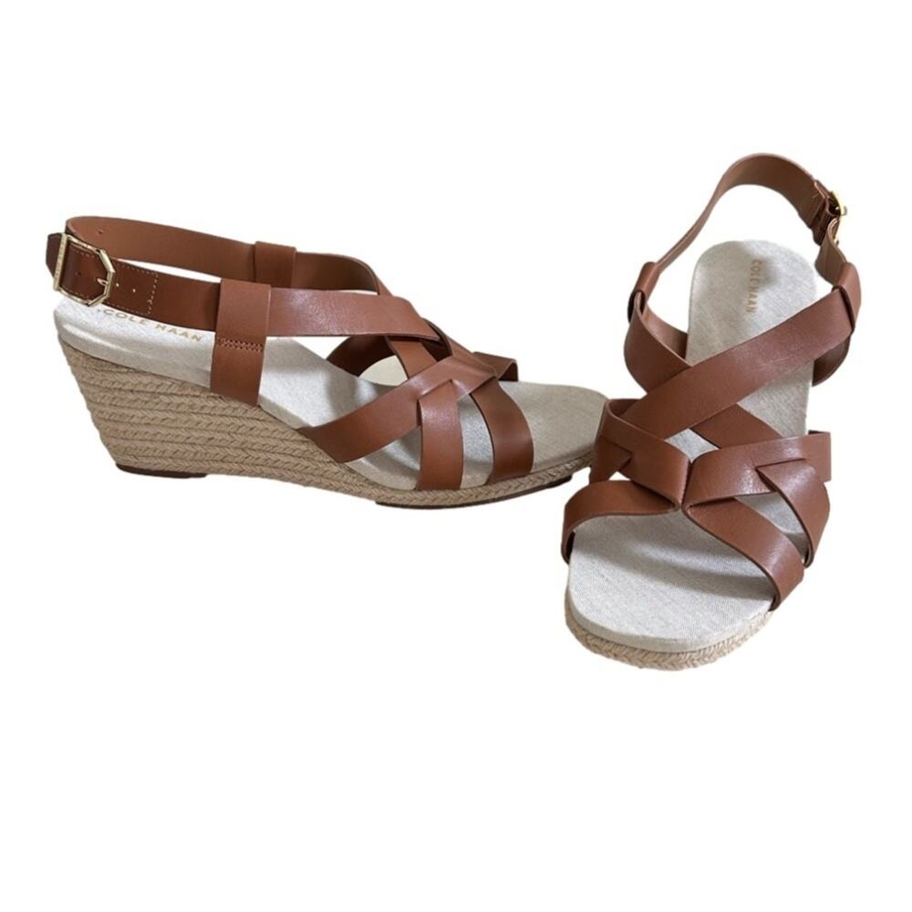 Cole Haan Crystal Wedge Leather Sandals Strappy Open Toe Brown Size 11 Comfy